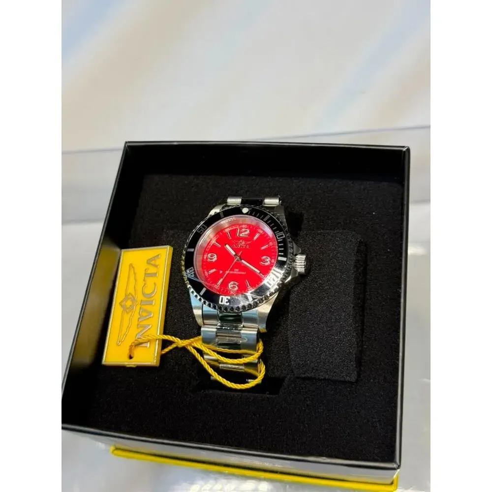 Invicta Men's Pro Diver Watch Red Dial Stainless Steel Band 50M Water Resistant